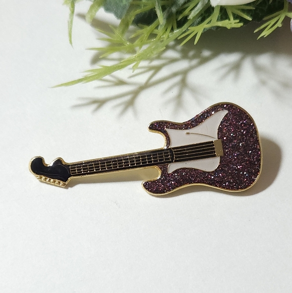 Vintage Black & Gold Multi Color Glitter Electric Guitar Brooch Collectible Pin - Picture 3 of 7